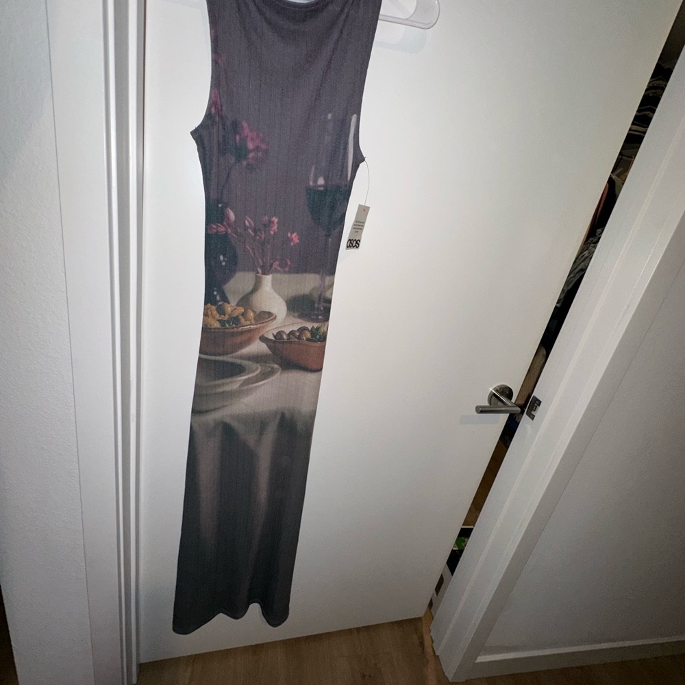ASOS Sheer Maxi Dress in Dark Gray with Subtle Brown and Pink Accents